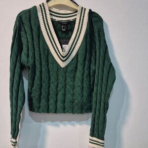 Forever 21 Emerald and Ivory V-Neck Sweater